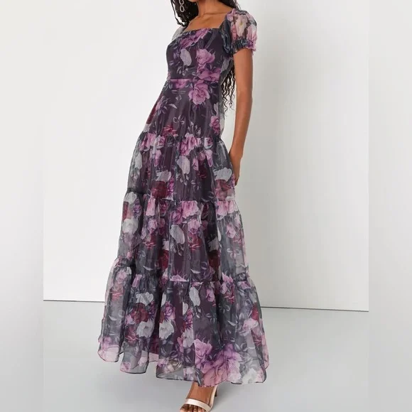 Lulus Lavender and Black Floral Organza Tiered Maxi Dress - Picture 2 of 3
